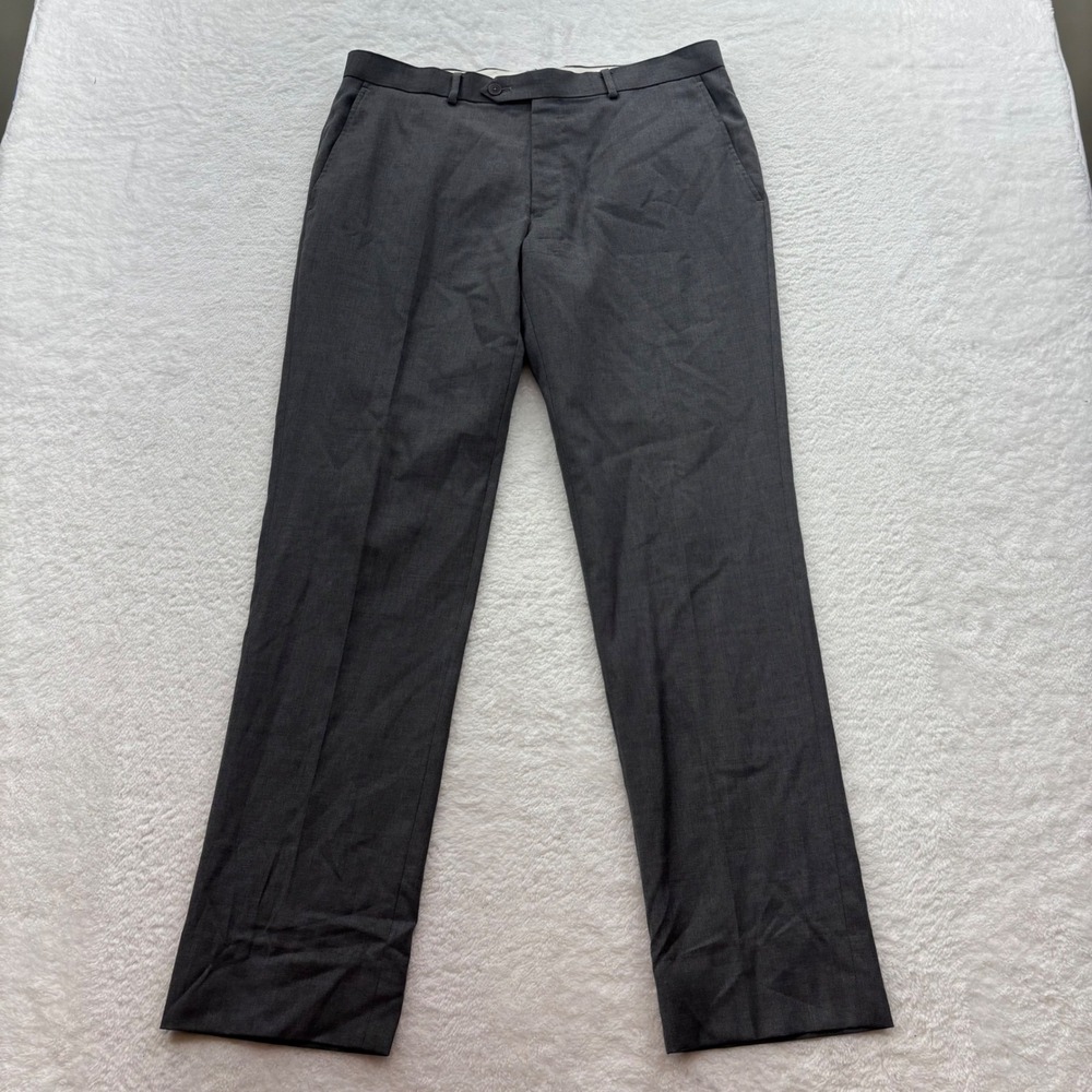 Charles Tyrwhitt Mens 34W Slim Fit 100% Wool Dress Pants Charcoal Gray FlatFront